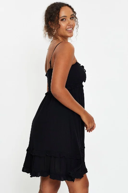 Black Sleeveless Shirred Ruffle Summer Dress