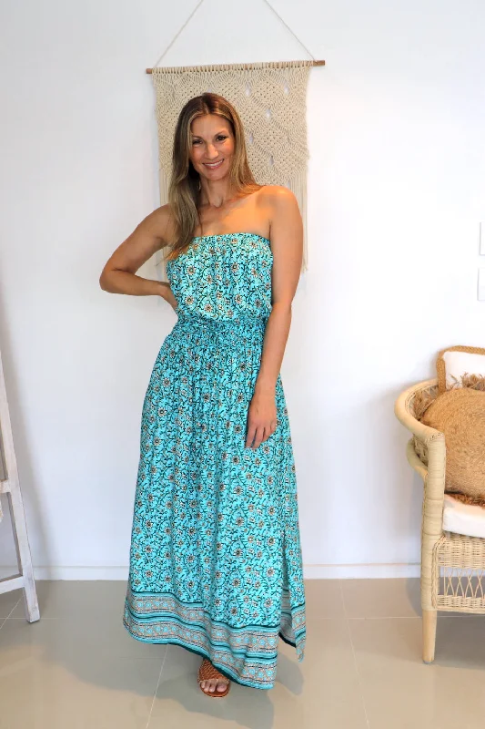 Daytripper Tube Maxi Dress In Cottage Vine Aqua