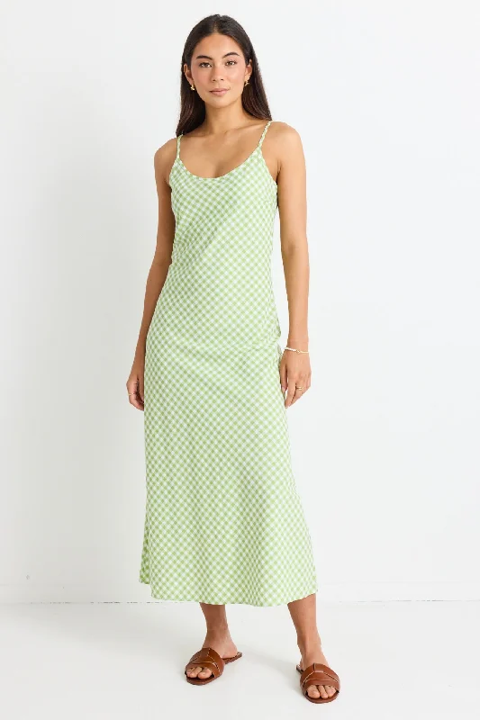 Golden Hour Green Gingham Bias Slip Dress