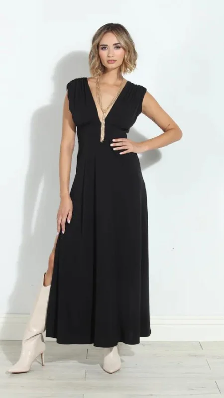 Stretch Deep V-Neck Maxi - Black