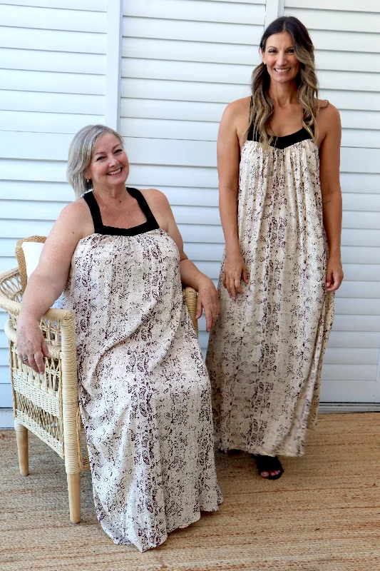 T Bar Maxi Dress In Taupe Snakeskin