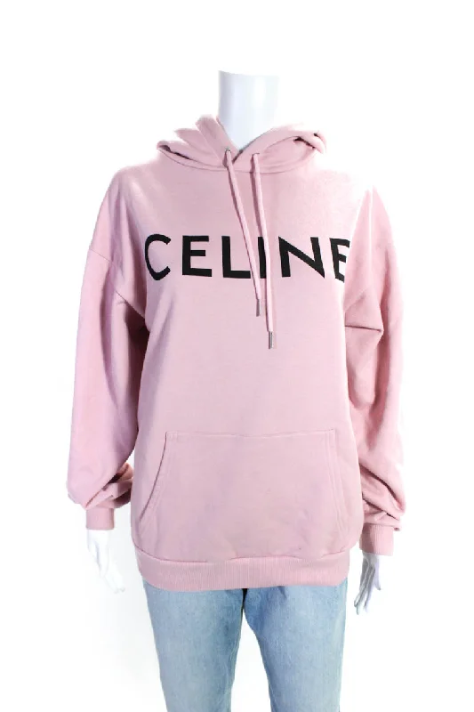 Celine Womens Cotton Graphic Print Front Pocket Pullover Hoodie Pink