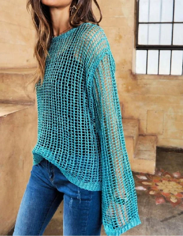 Metallic Crochet Pullover Sweater In Teal