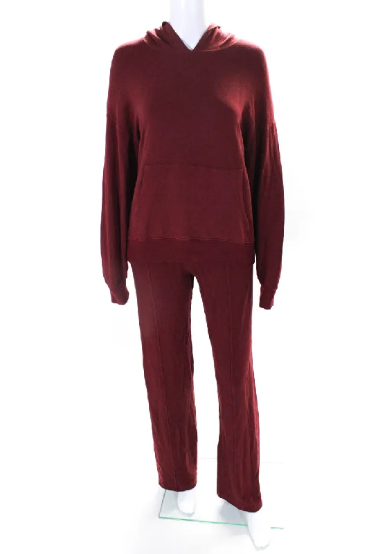 Monrow Womens Fleece Front Pocket Pullover Hoodie + Sweatpants Set Red