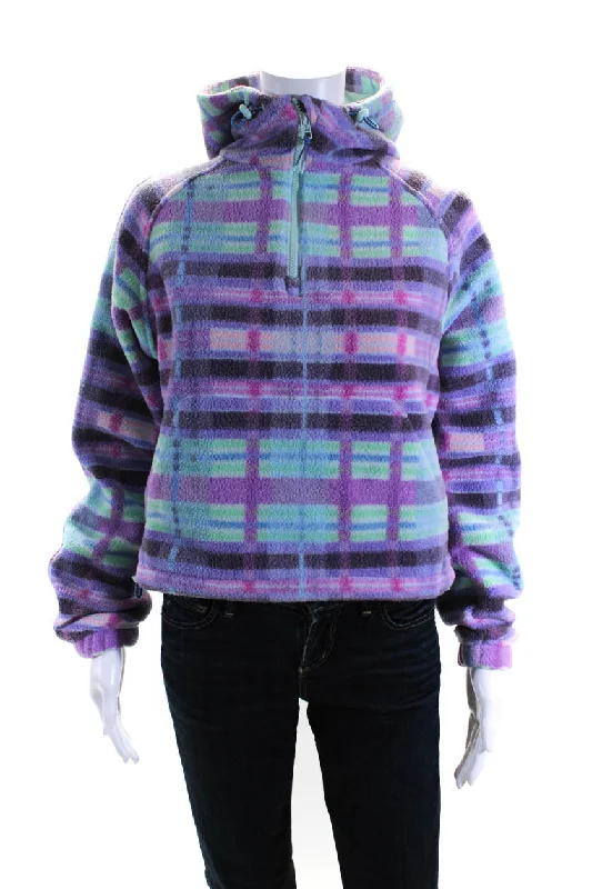 Outdoor Voices Womens Fleece Plaid Half Zipped Drawstring Hoodie Purple