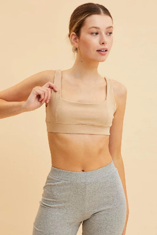 Beige Crop Top Square Neck Cotton Stretch