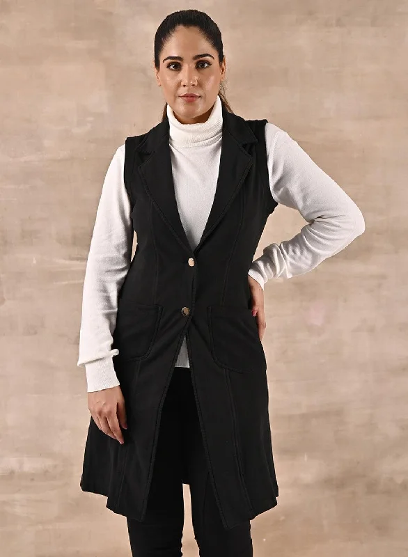 Black Sleeveless Trench Coat with Notch Collar