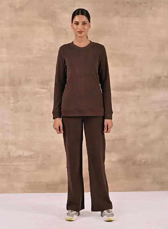 Brown Solid Round Neck Track Suit