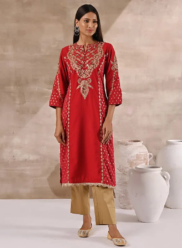 Red Printed Kurta With Embroidery