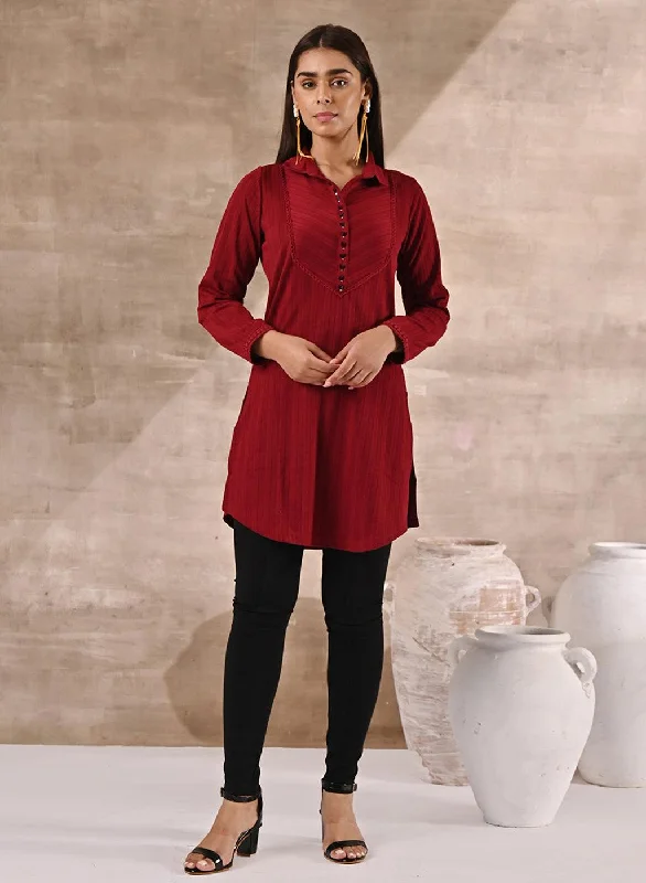 Red Textured Full Sleeve Kurti