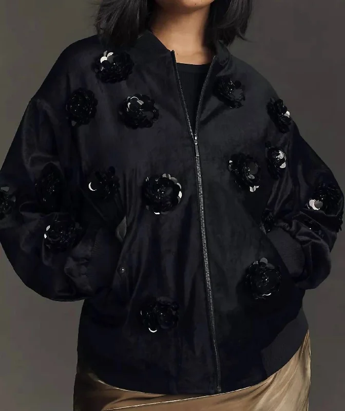 Velvet Floral Embroidered Bomber Jacket In Balck