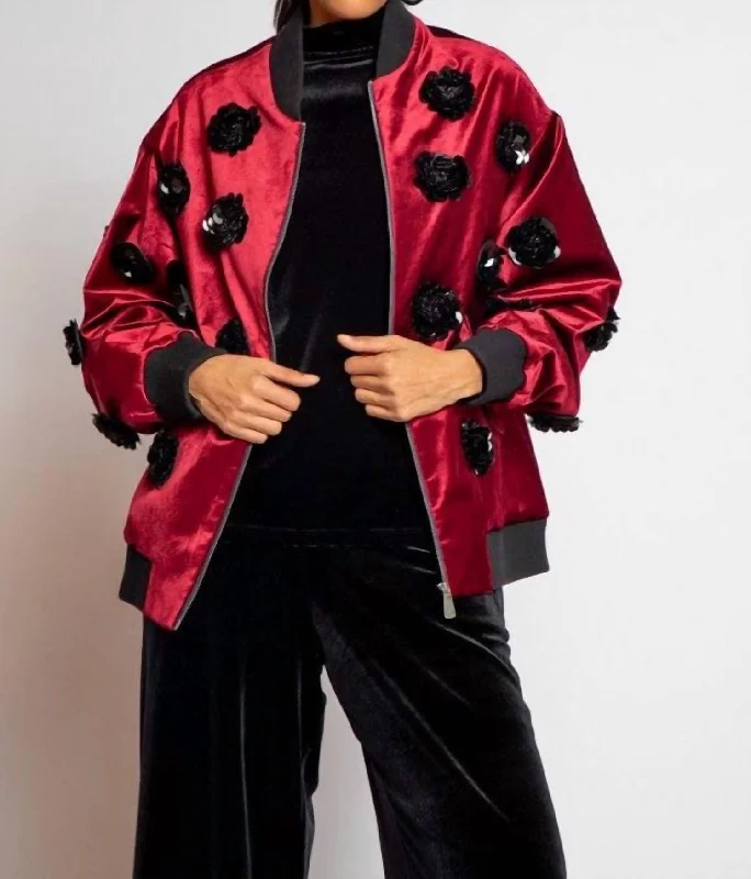 Velvet Floral Embroidered Bomber Jacket In Burgundy