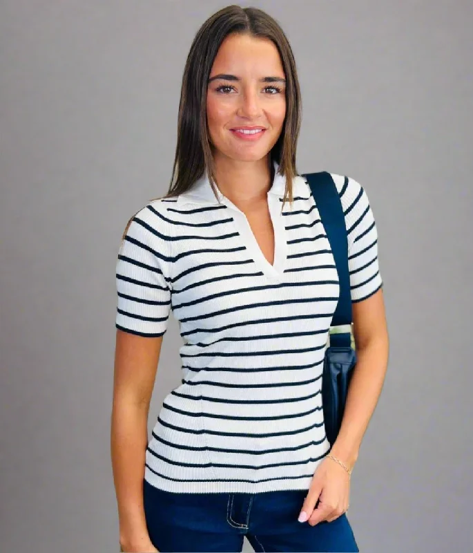 Ivory & Navy Stripe Rib Knit Top