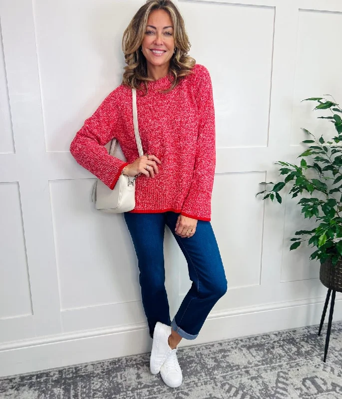 Red Textured Crew Neck Jumper