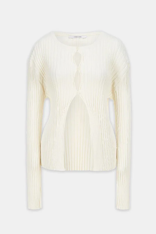 Ribbed Stretch Knit Cardigan in Ivory