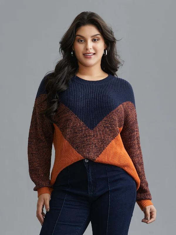 Textured Balloon Sleeves Color Block Pullover