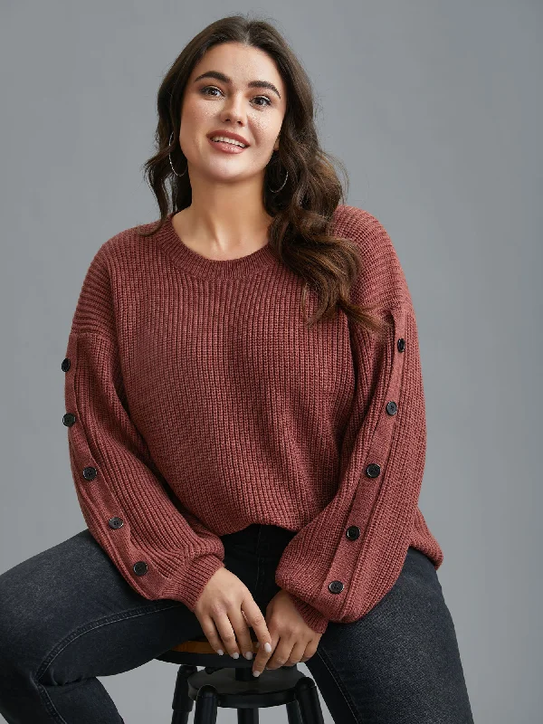 Textured Drop Shoulder Button Detailing Pullover